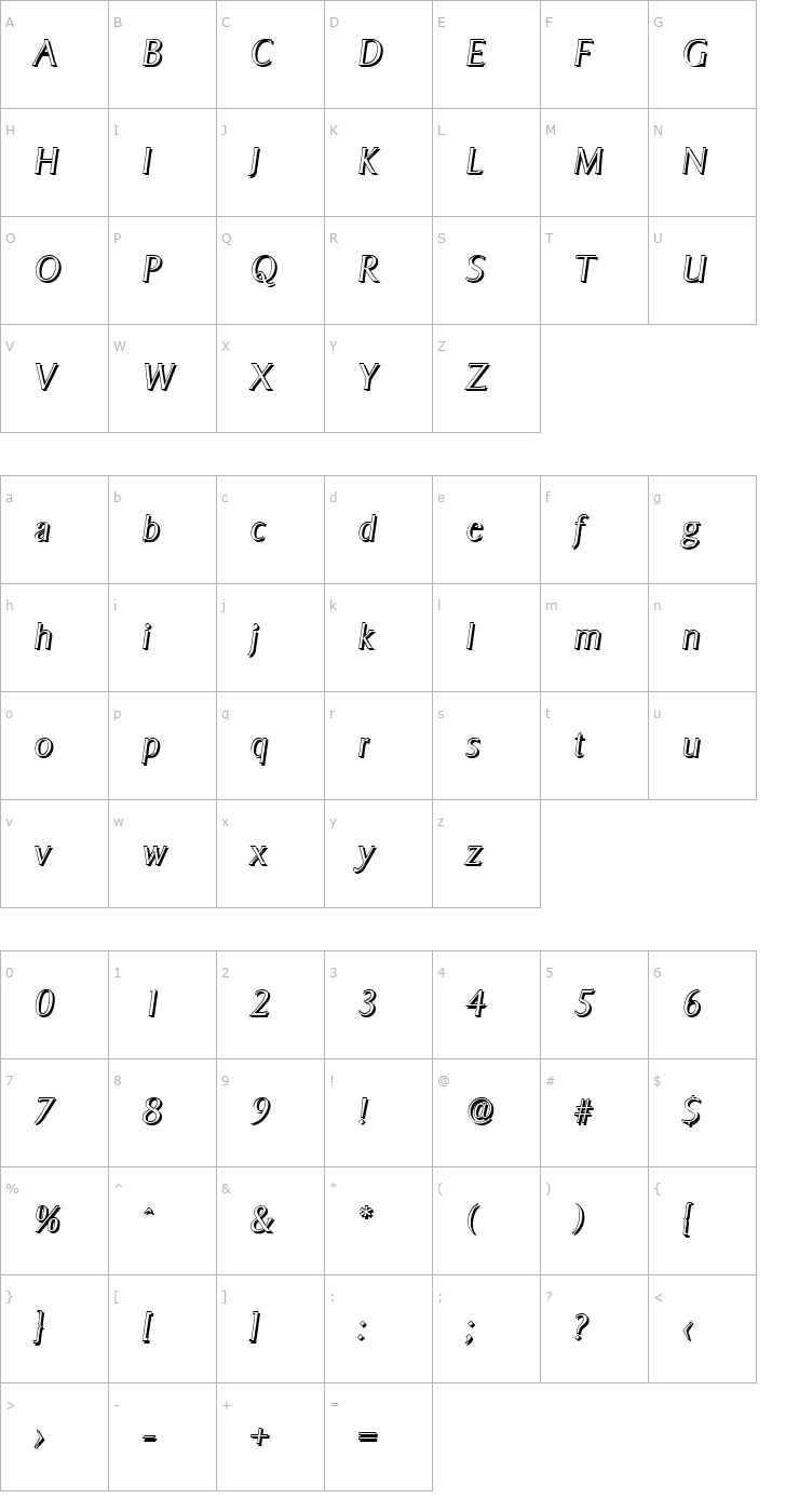 Character Map BruceBeckerShadow-Xlight-Italic Font