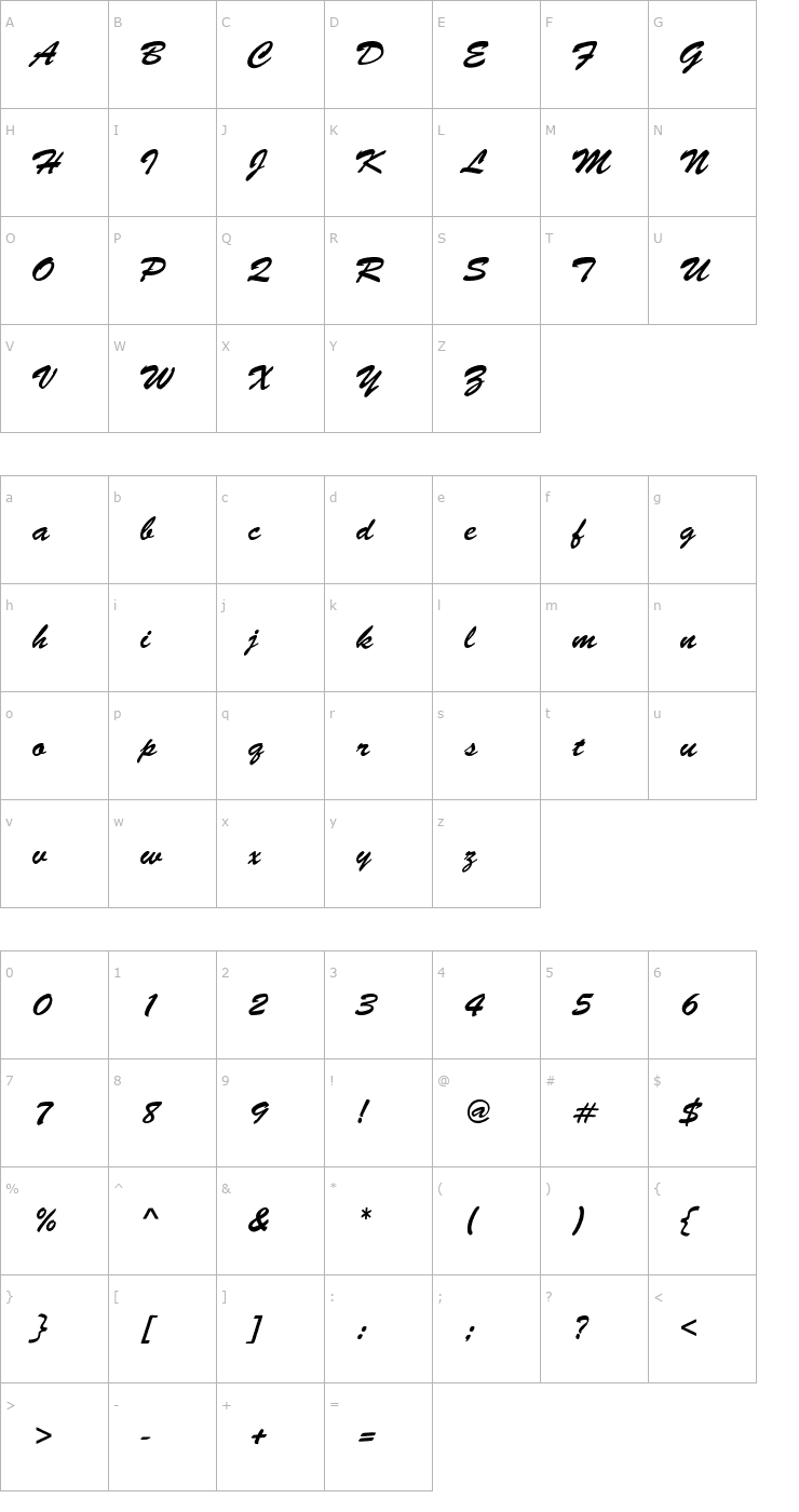 Character Map BrushScript-Normal-Italic Font