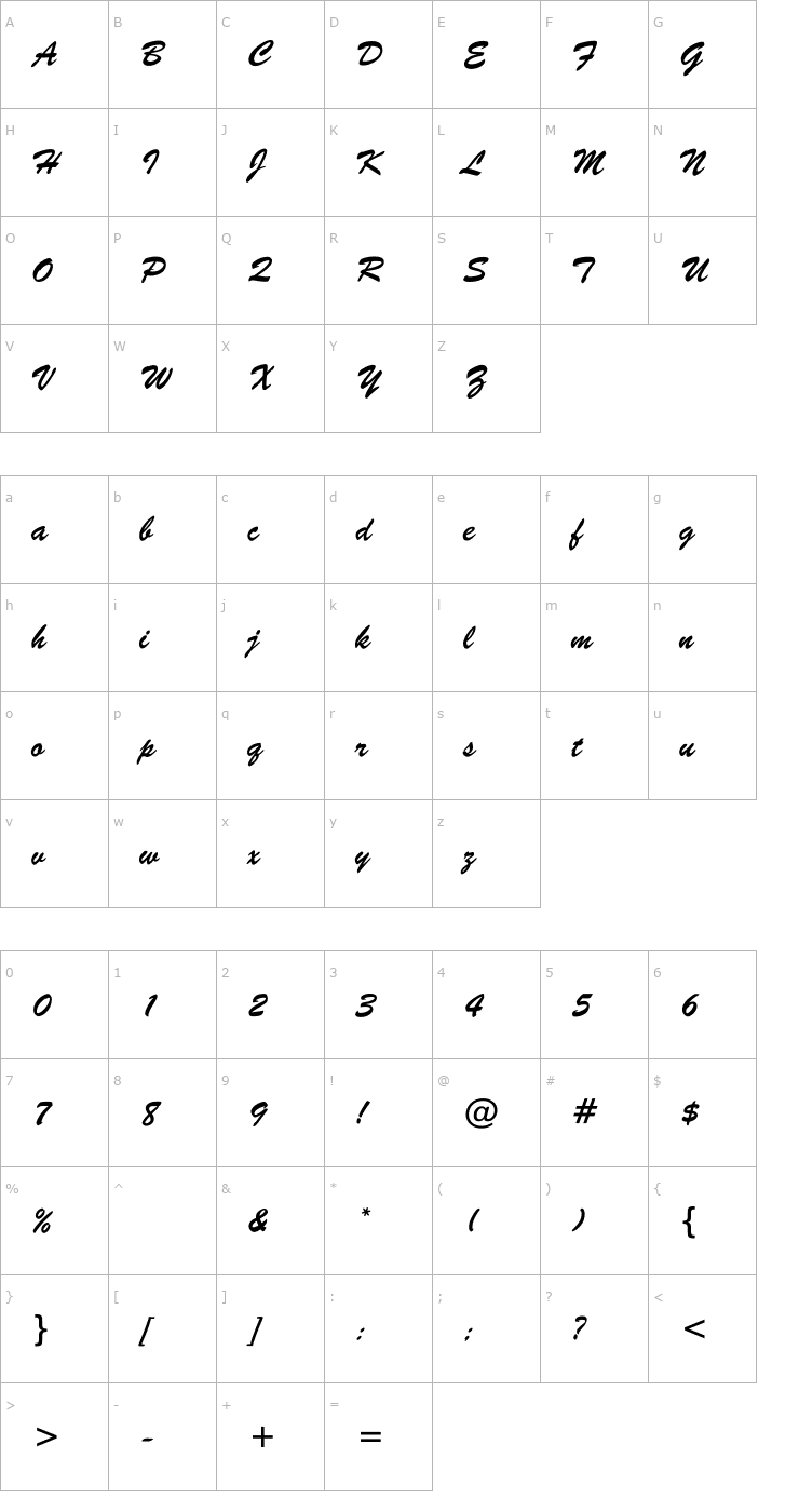 Character Map BrushScriptBT-Regular Font