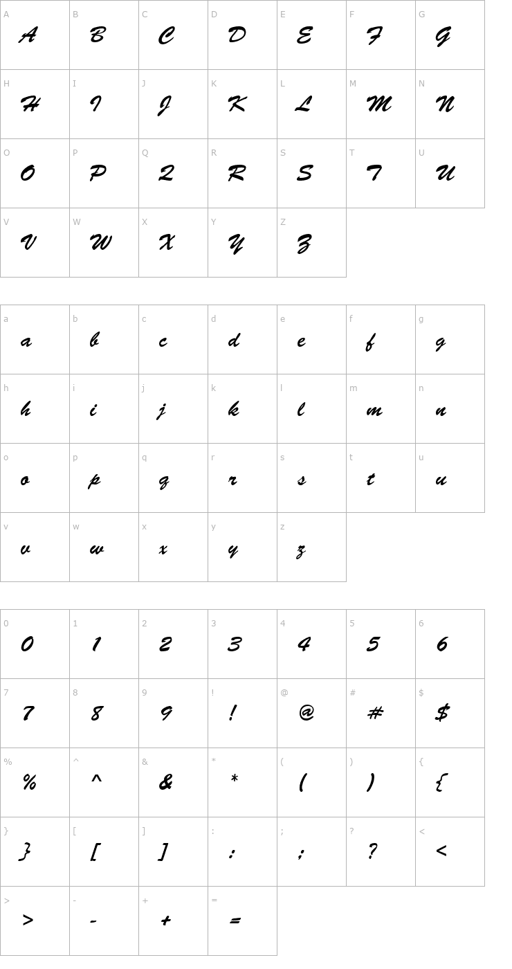 Character Map BrushScriptNormalItalic Font