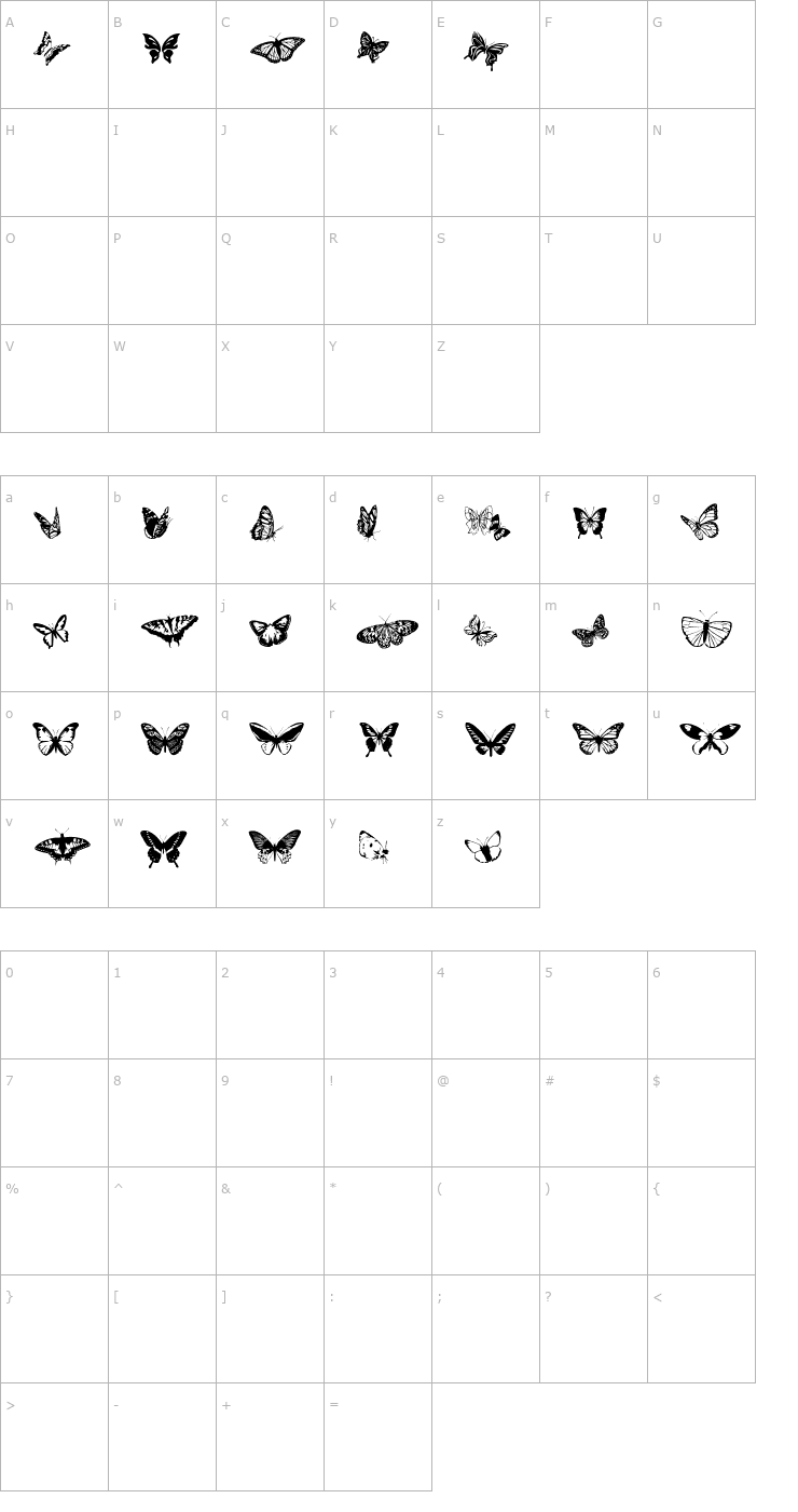 Character Map Butterflies Font