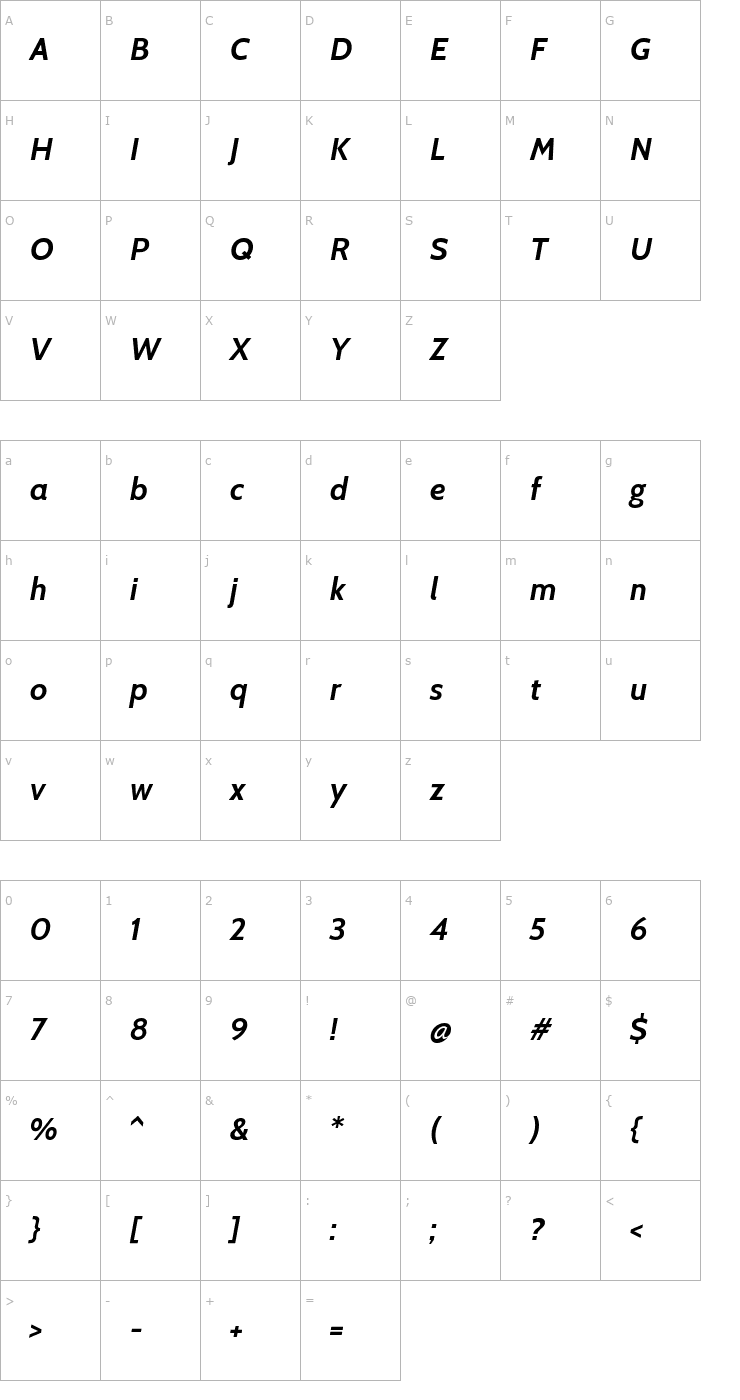 Character Map Cabin Bold Italic Font