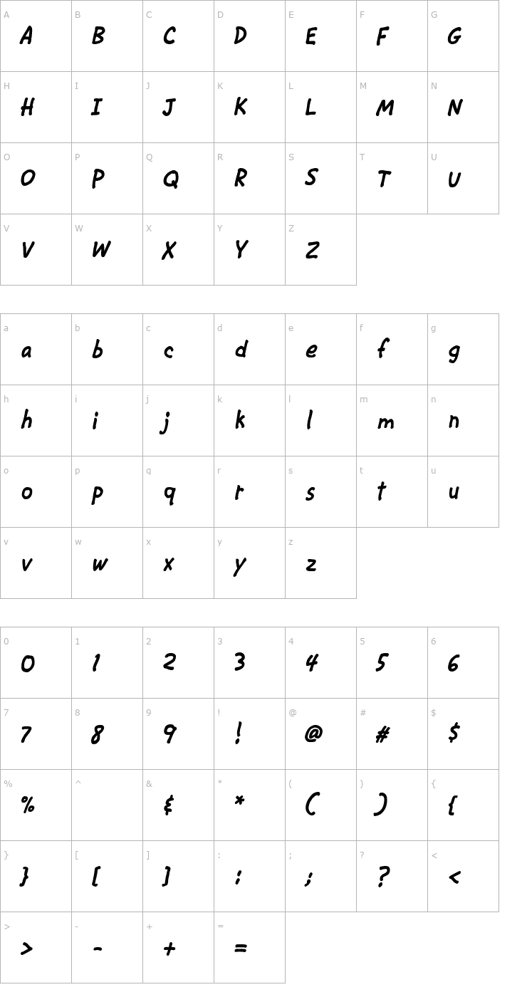 Character Map CAC Krazy Legs Bold Font