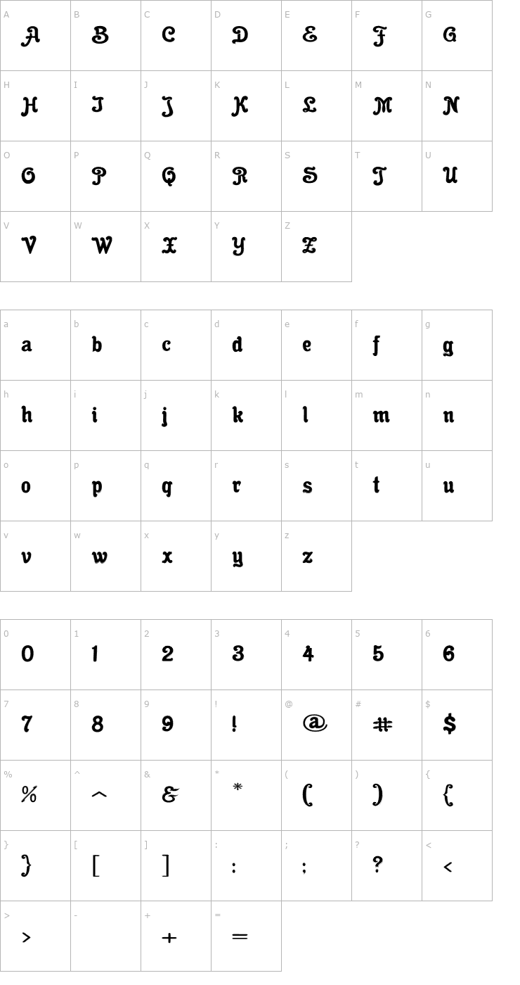 Character Map Cacao Fat Inline PDF Font