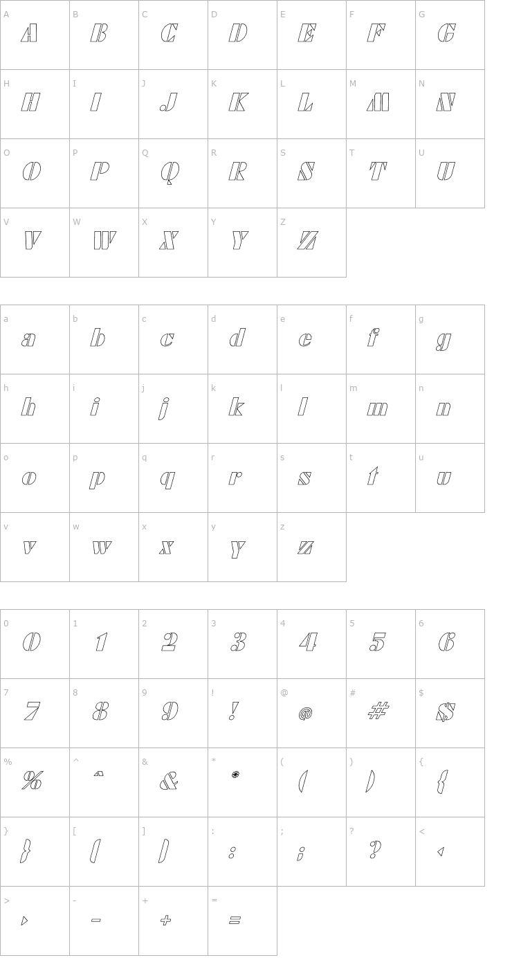 Character Map Calico Ho Italic Font