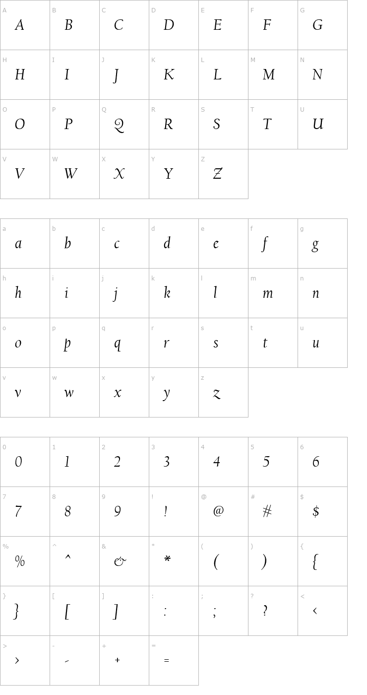 Character Map Californian FB Italic Font