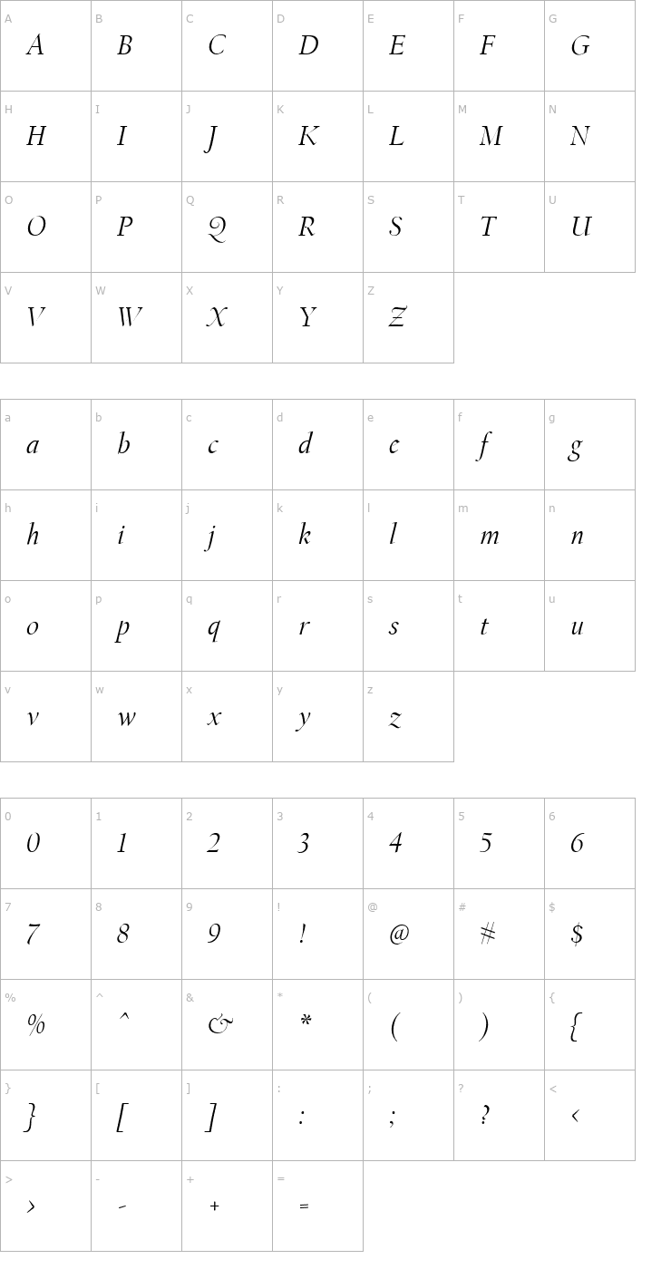 Character Map CalifornianDisplay-Italic Font