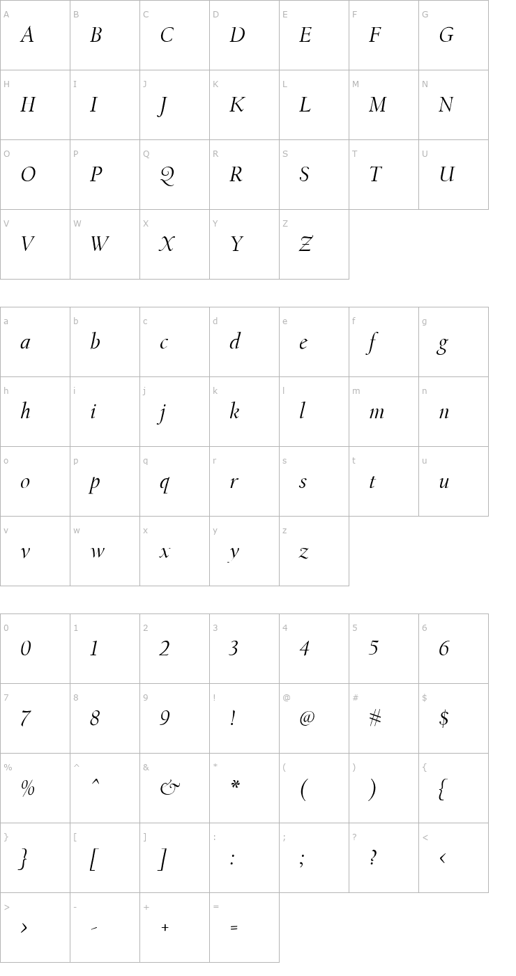 Character Map CalifornianMiddle-Italic Font