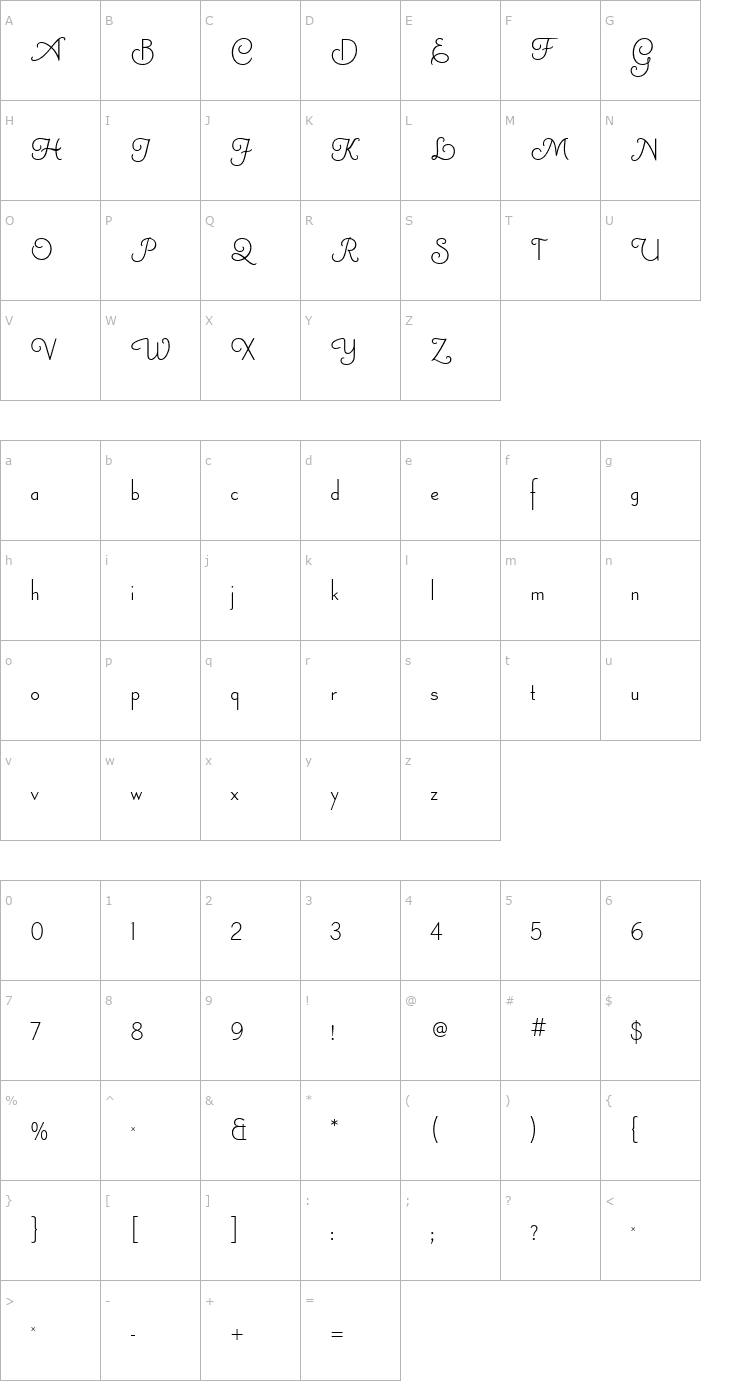 Character Map Canterbury Sans Swash RR Light Font