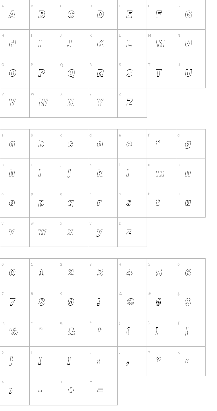 Character Map CarlBeckerOutline-Heavy-Italic Font