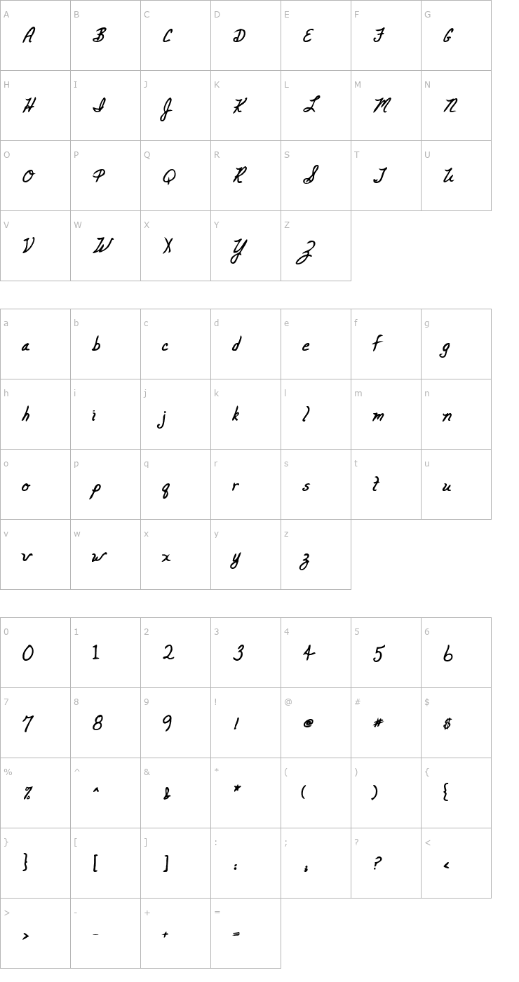 Character Map CarolinesHand Bold Font