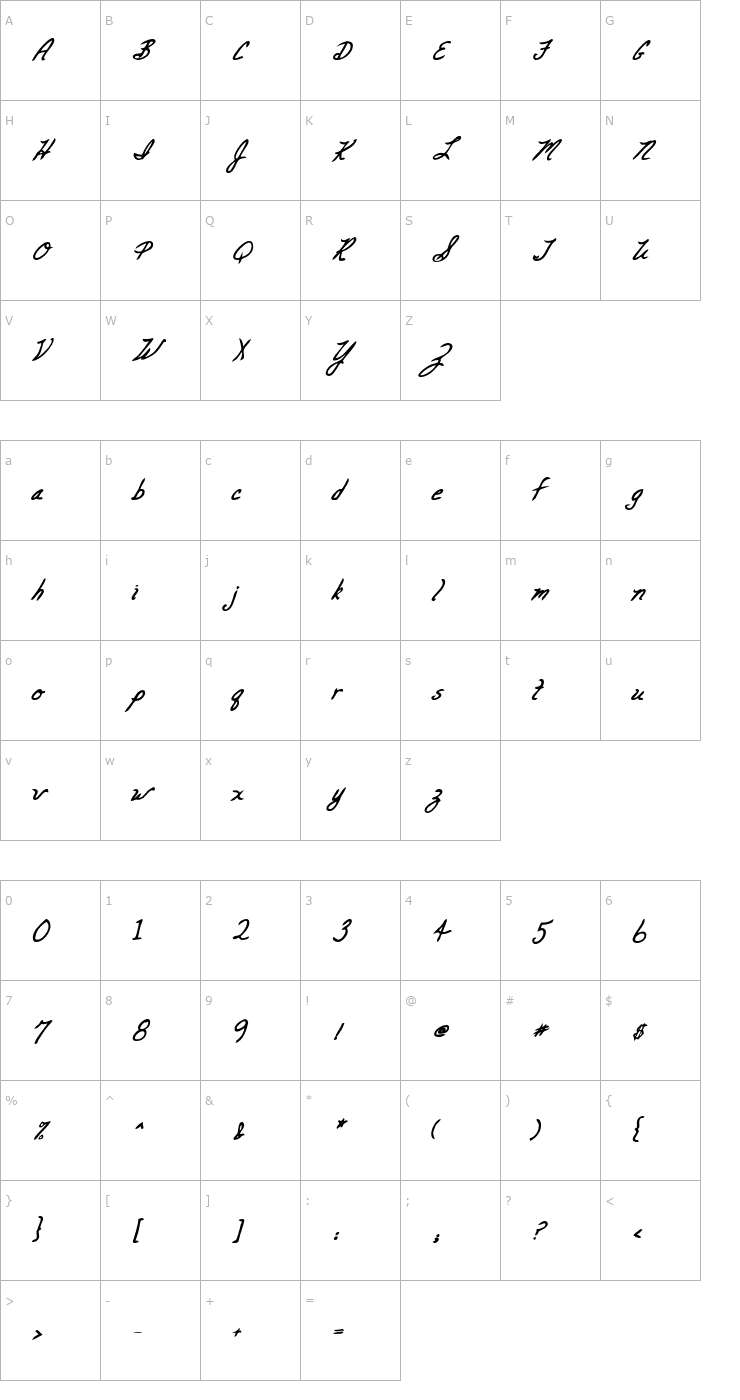 Character Map CarolinesHand Bold Italic Font