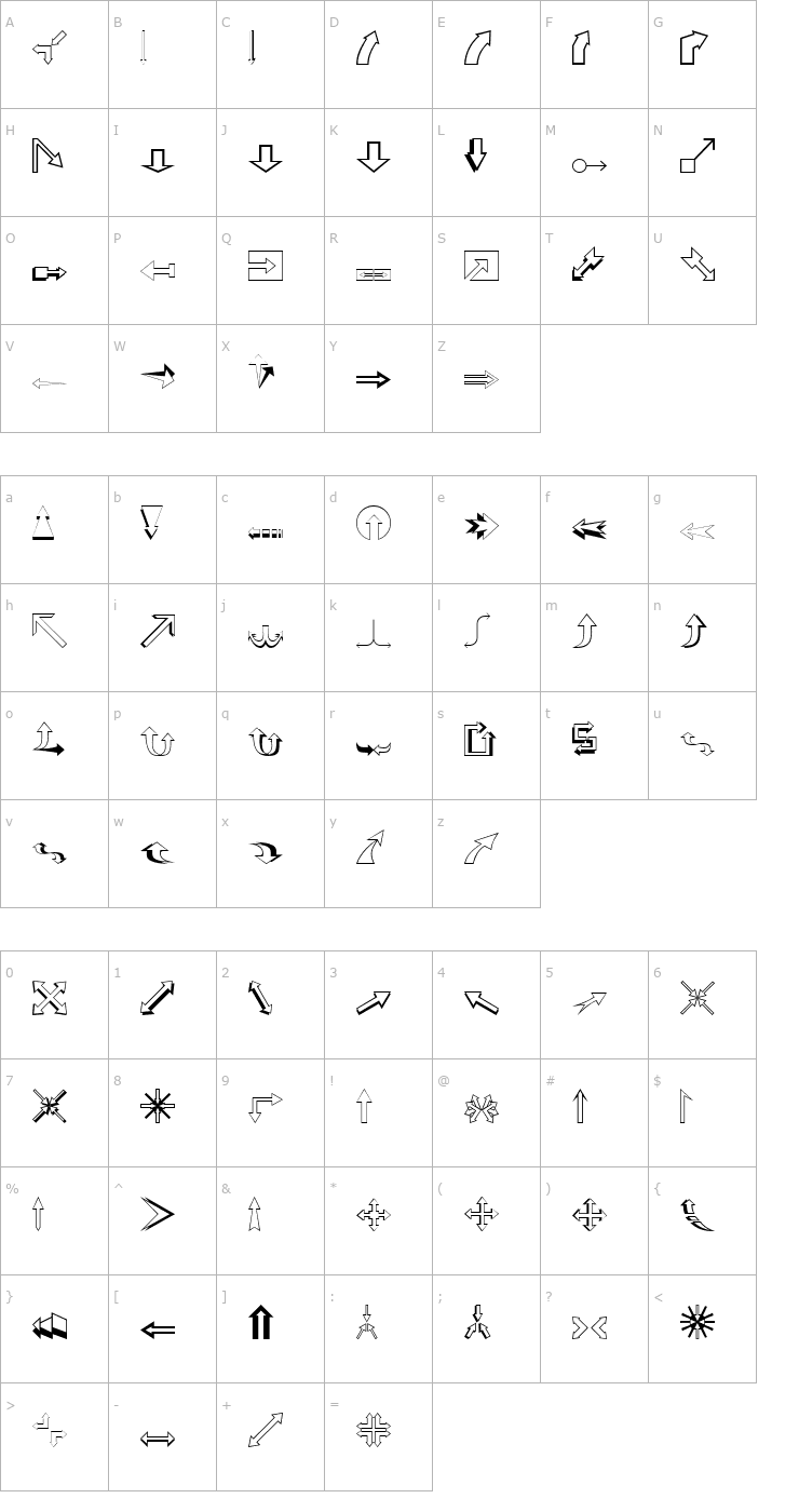 Character Map Carr Arrows (outline) Font