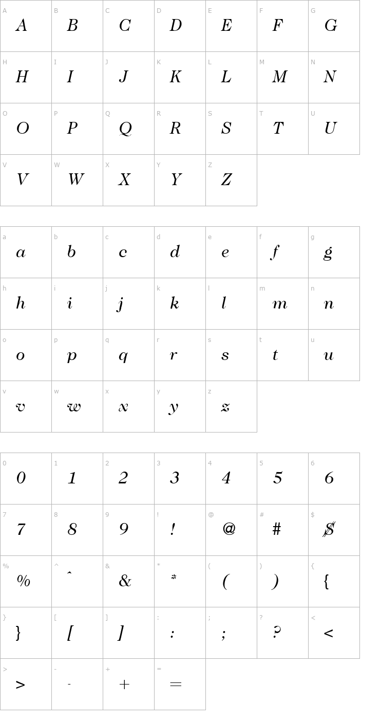 Character Map Caslon335-RegularItalic Font