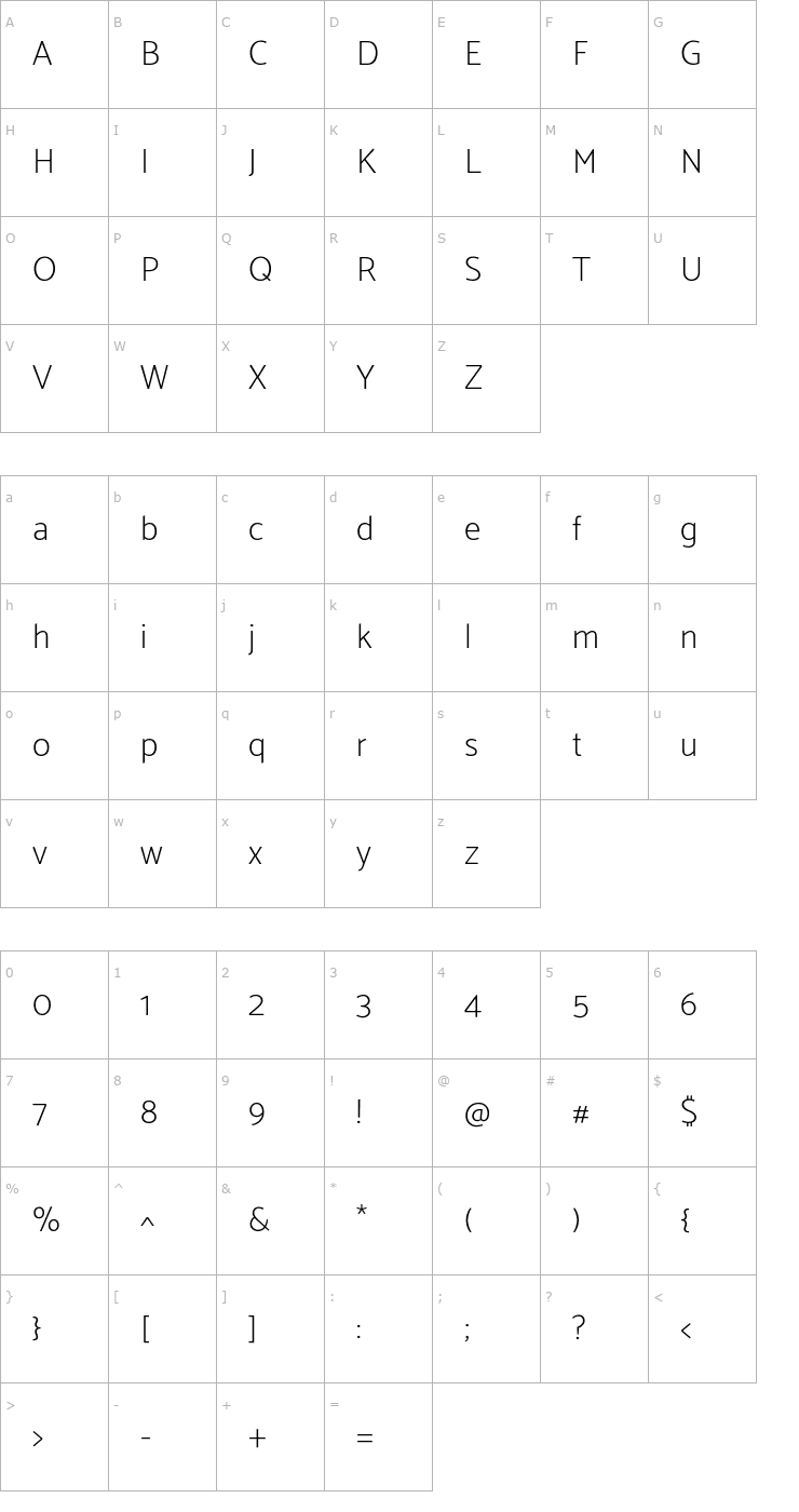 Character Map Catamaran Thin Font