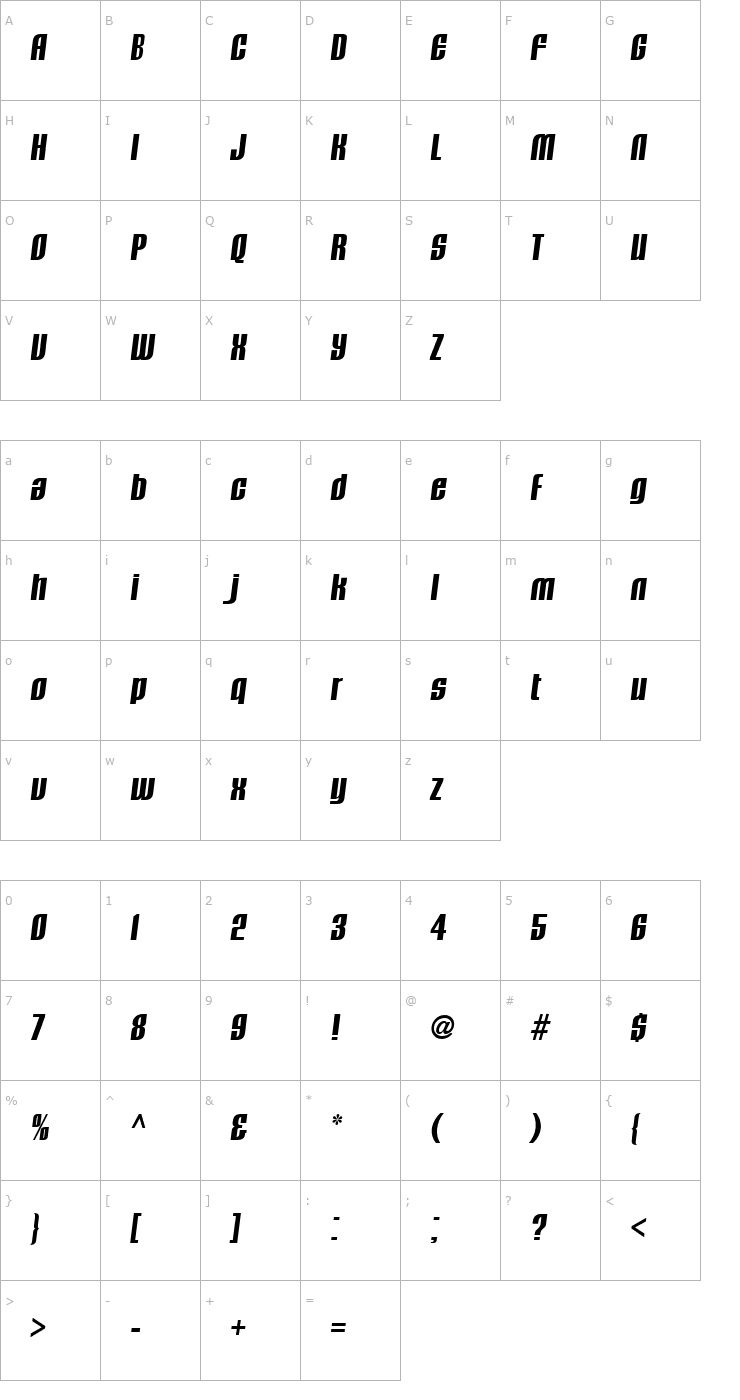 Character Map CAVALIER XBOLD Font