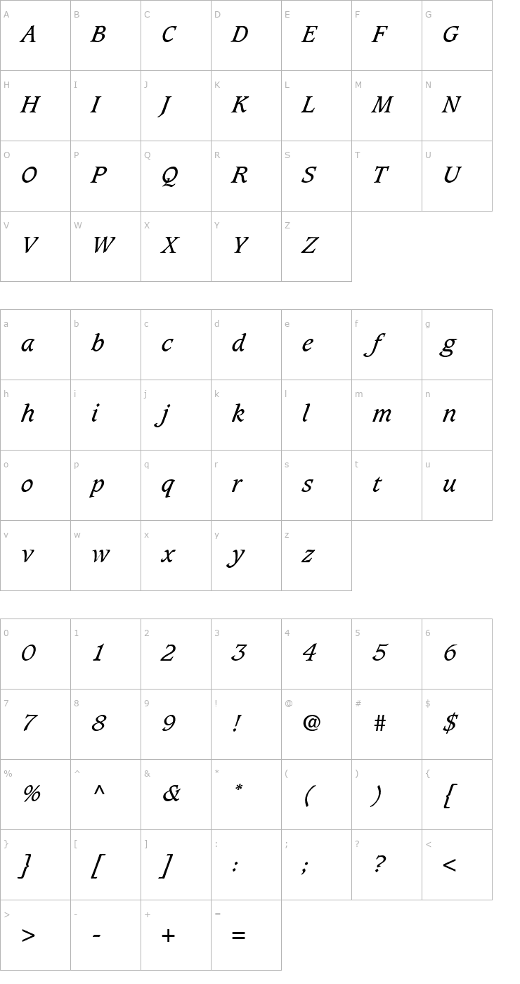 Character Map Caxton-Book Italic Font