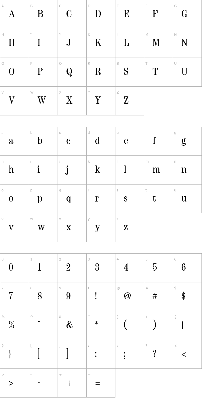 Character Map Century Condensed Regular Font