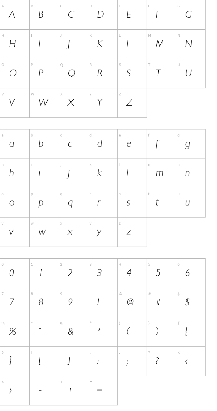 Character Map Chantilly-Serial-ExtraLight-RegularItalic Font