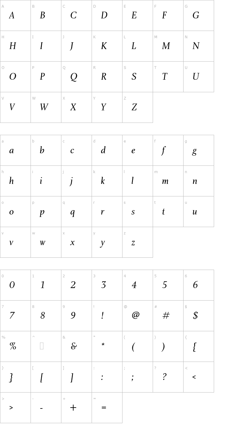 Character Map CharlotteBookItalicPlain Font