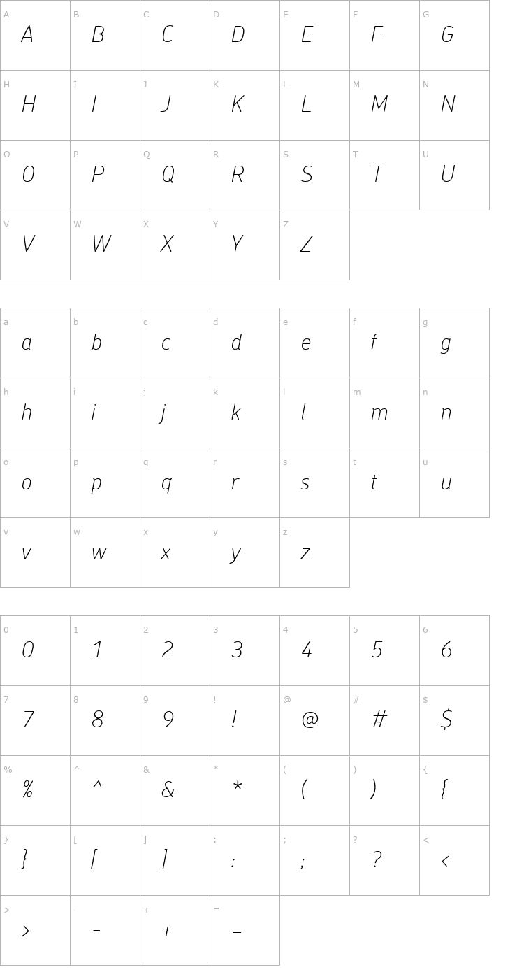 Character Map ChevinThinItalic Font