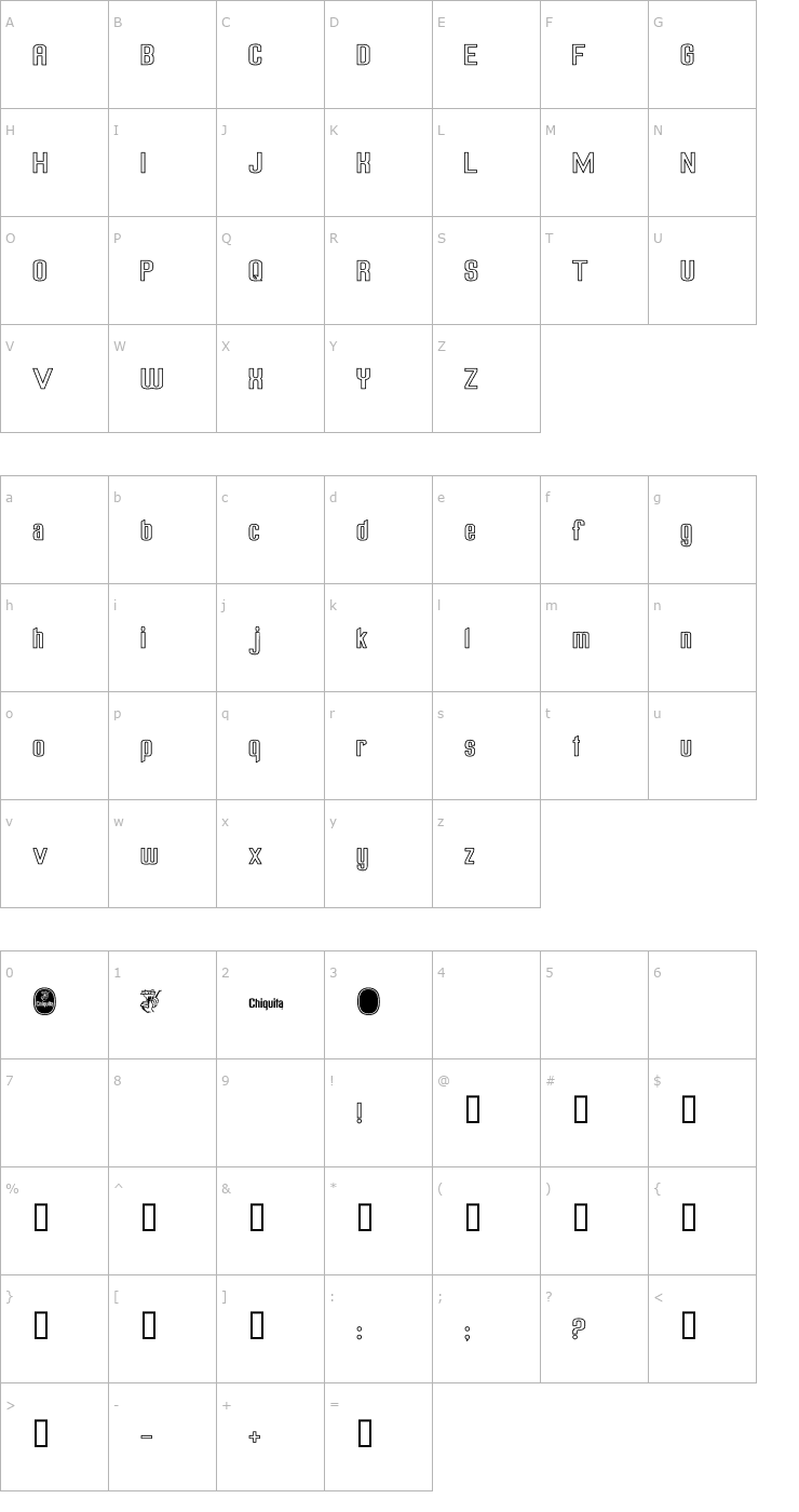 Character Map Chiquita Outlined Font