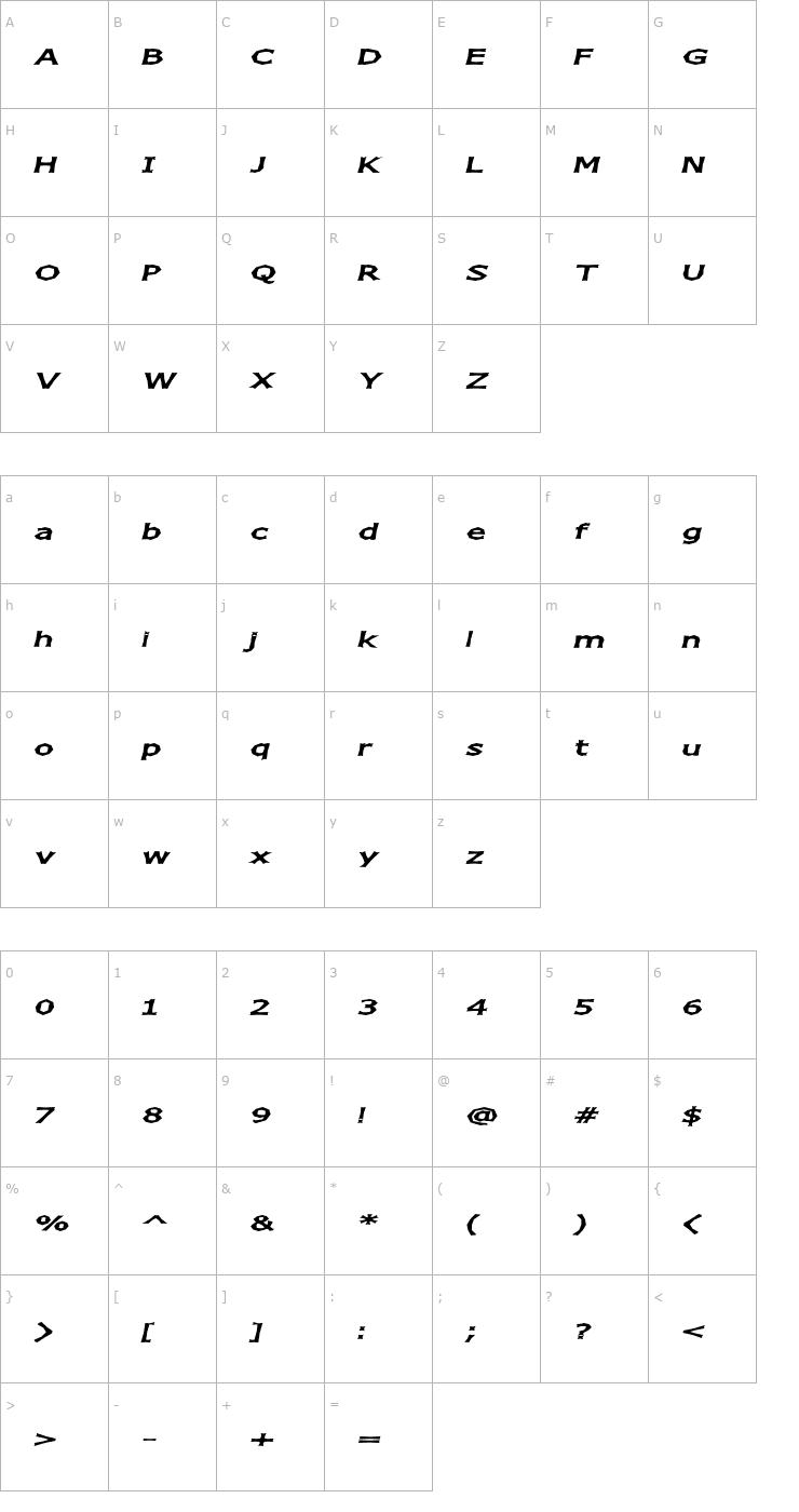 Character Map Chizz Wide Italic Font