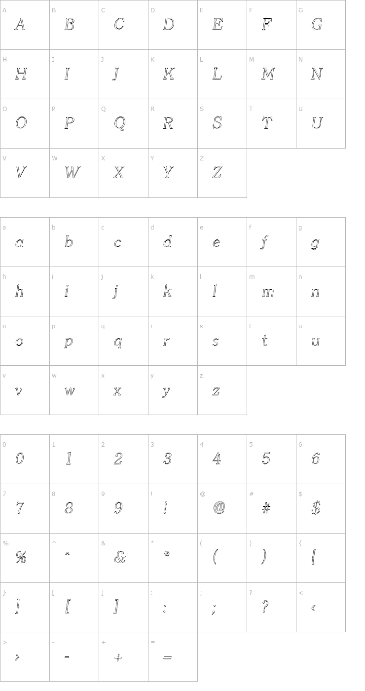 Character Map ChristianBeckerOutline-ExLight Italic Font