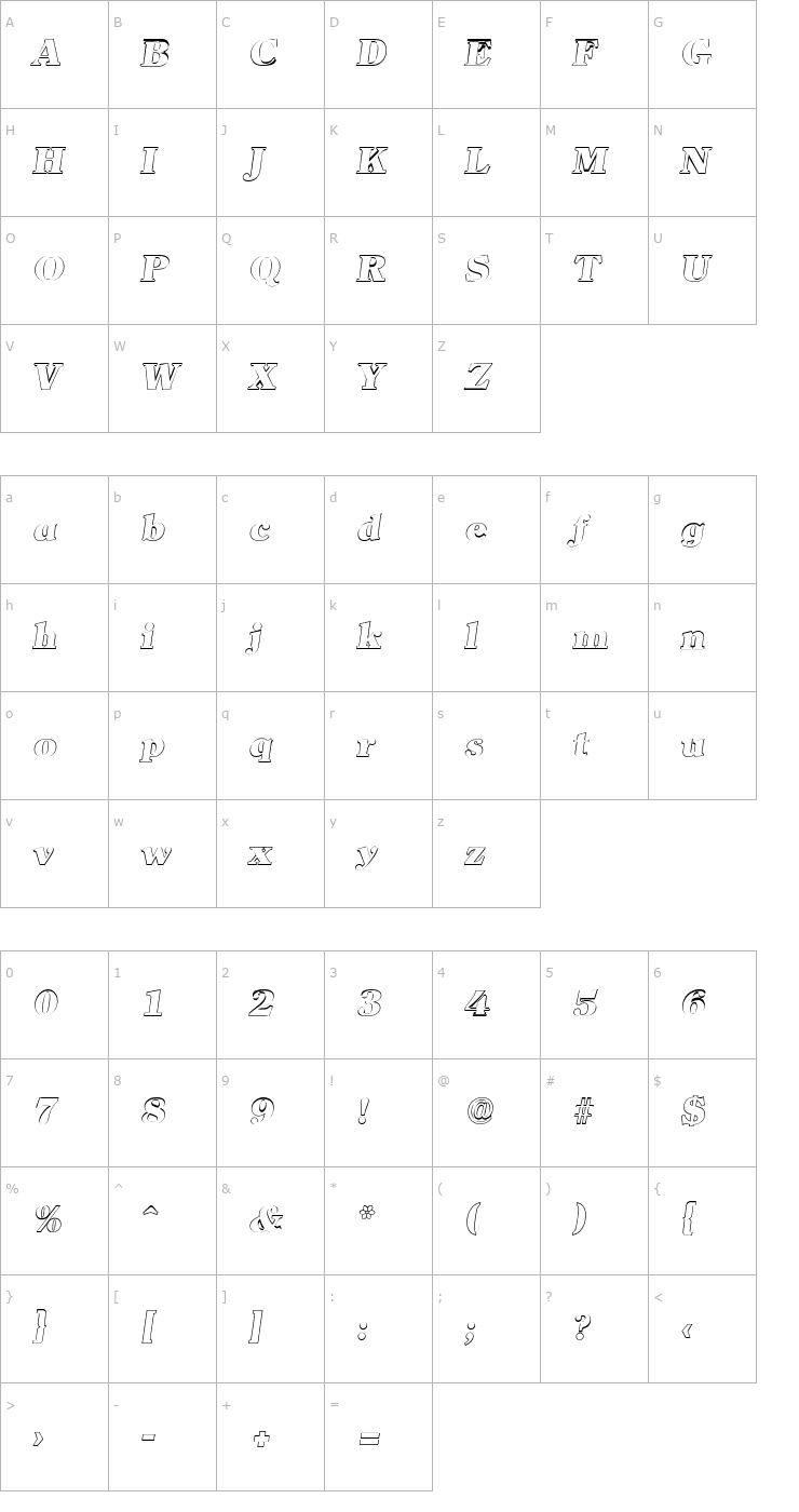 Character Map ChristianBeckerOutline-Heavy Italic Font