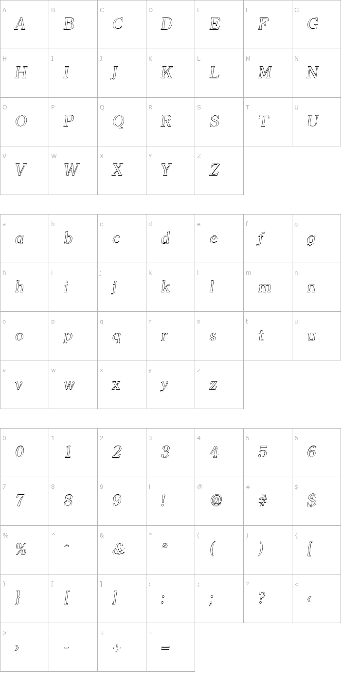 Character Map ChristianBeckerOutline Italic Font