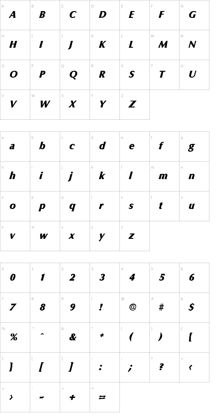 Character Map Columbia-Serial-Heavy-RegularItalic Font