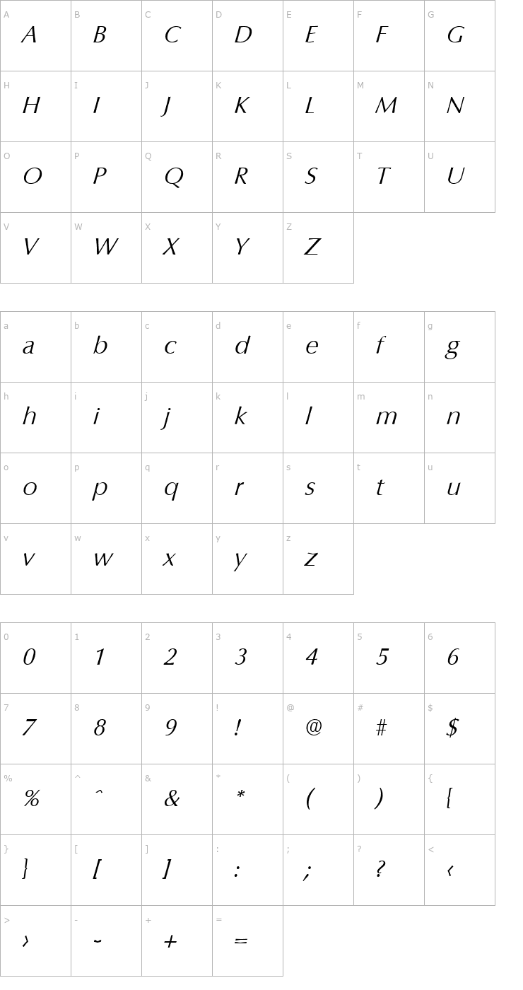 Character Map Columbia-Serial-Light-RegularItalic Font