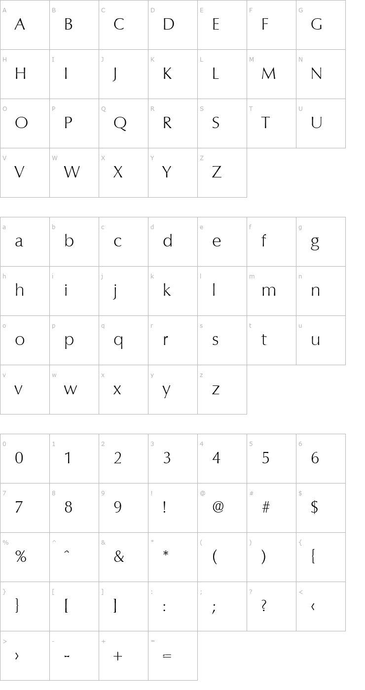 Character Map Columbia-Xlight Font