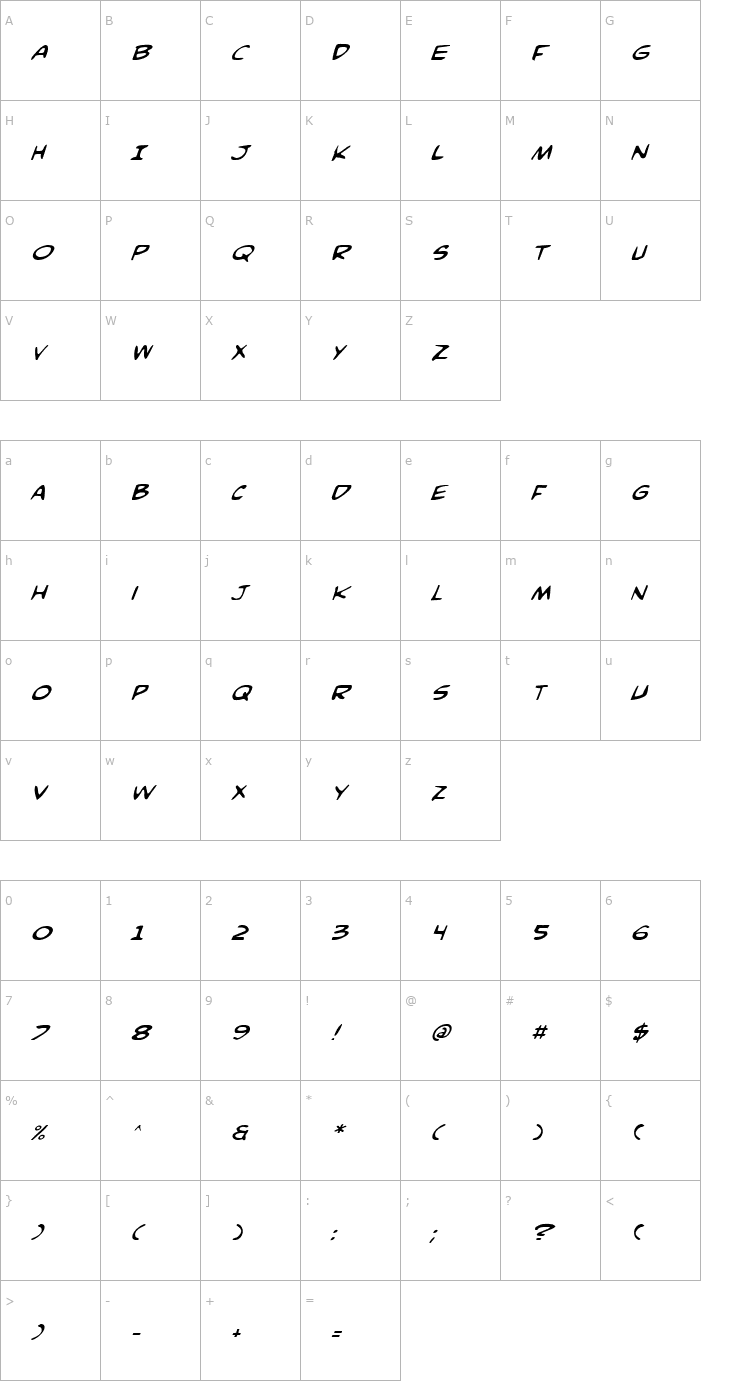 Character Map Comic Book Commando Italic Font