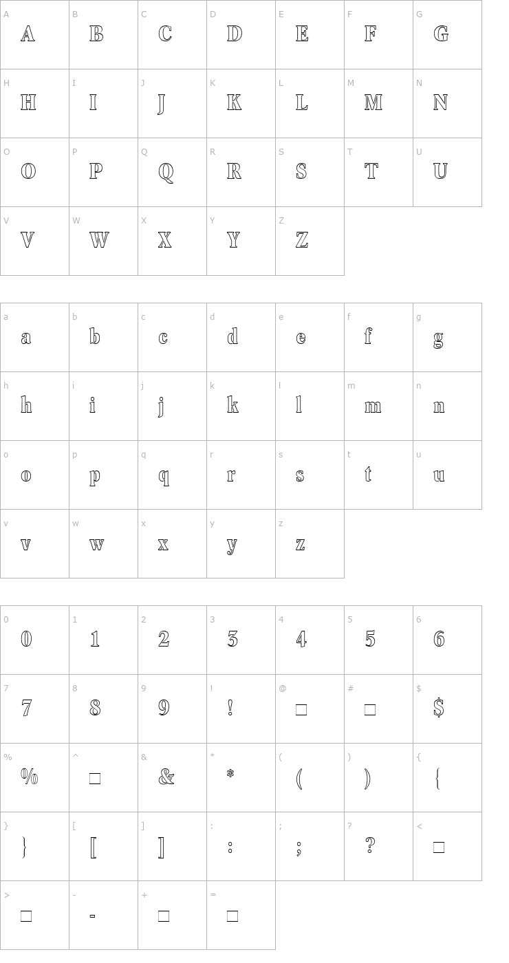 Character Map ConcordeBEOutline-Condensed Bold Font