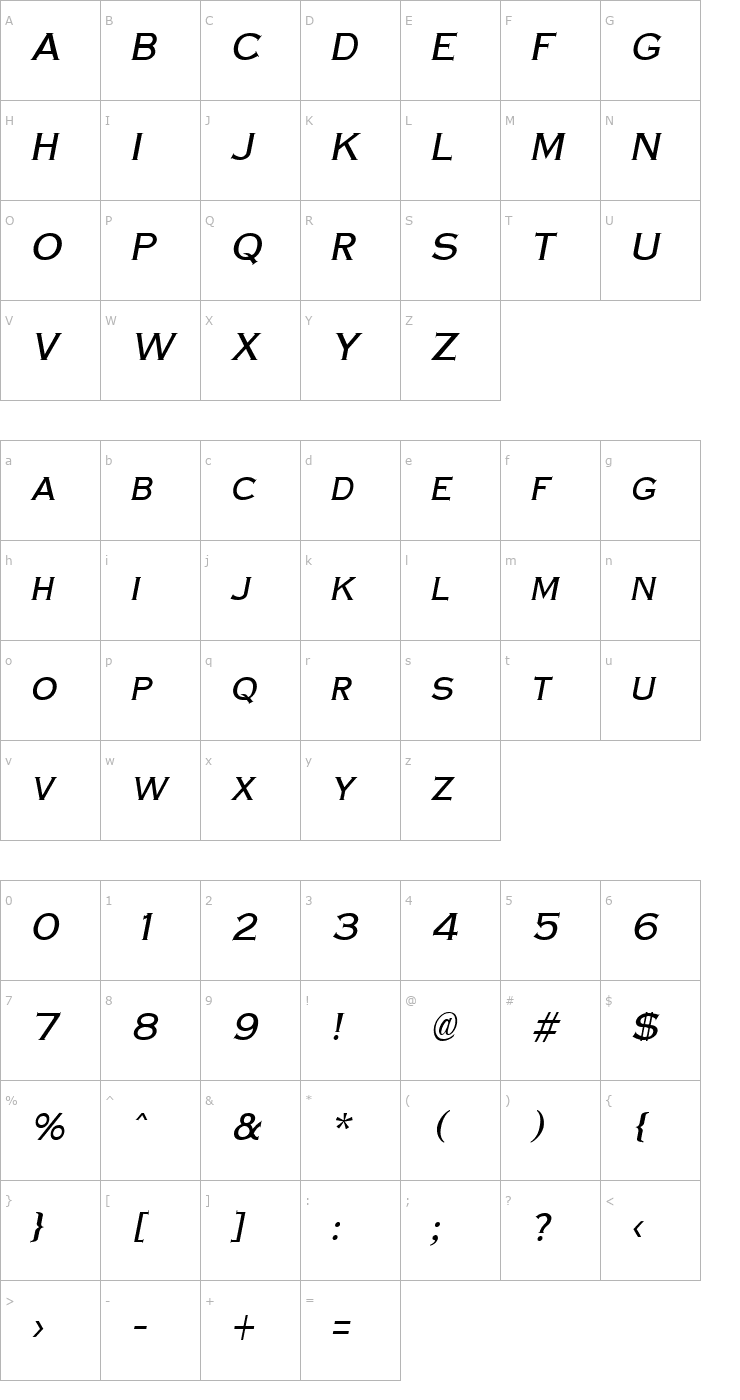 Character Map CopperPlateCondensed Italic Font