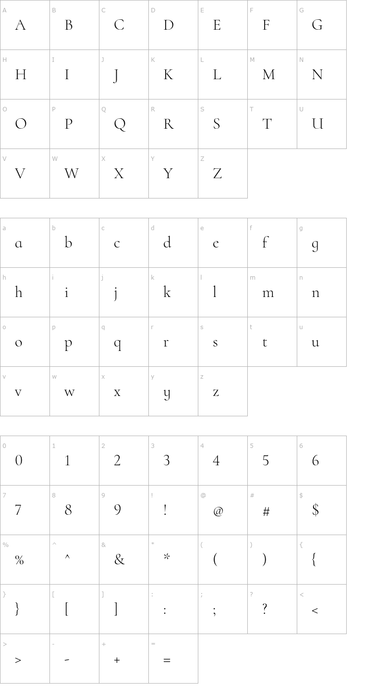 Character Map Cormorant Infant Light Font