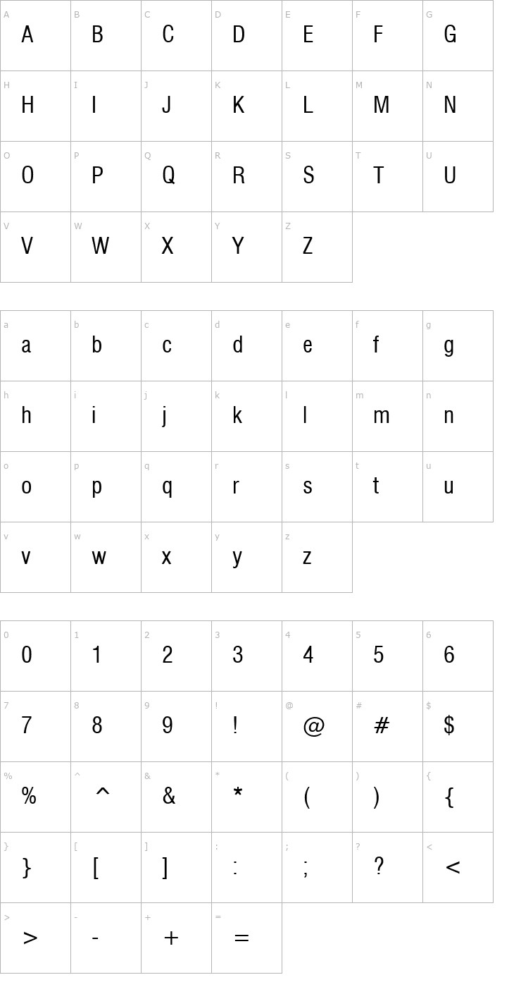 Character Map Corporate Condensed Font