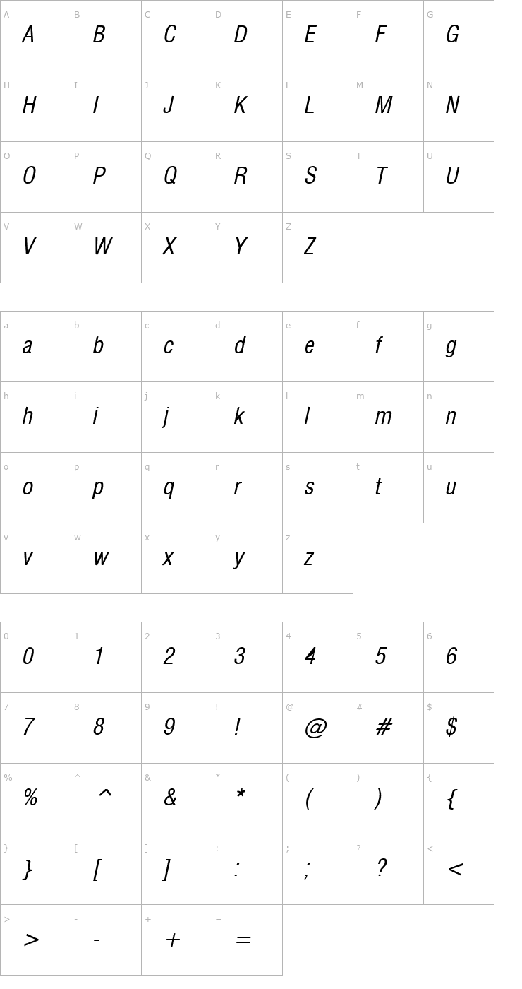 Character Map Corporate Condensed Italic Font