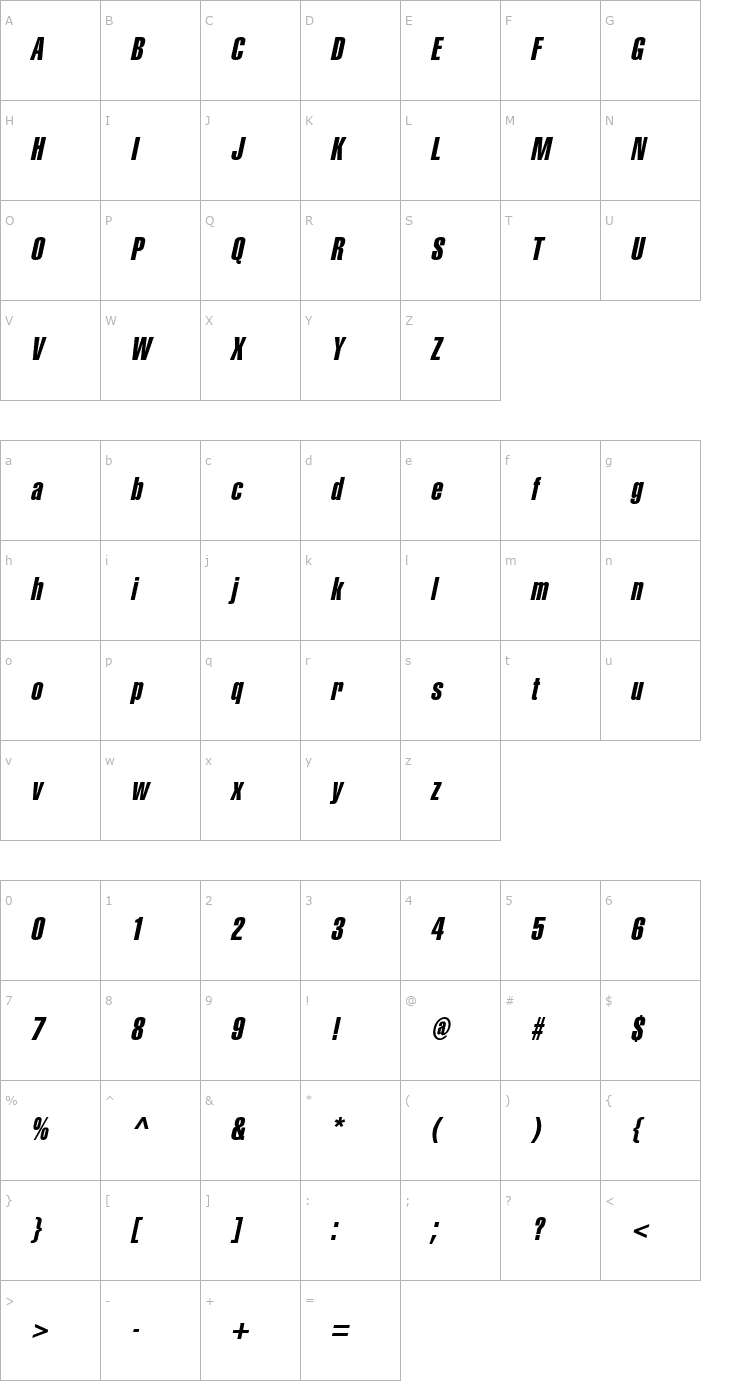 Character Map CorporateCompressed ExtraItalic Font