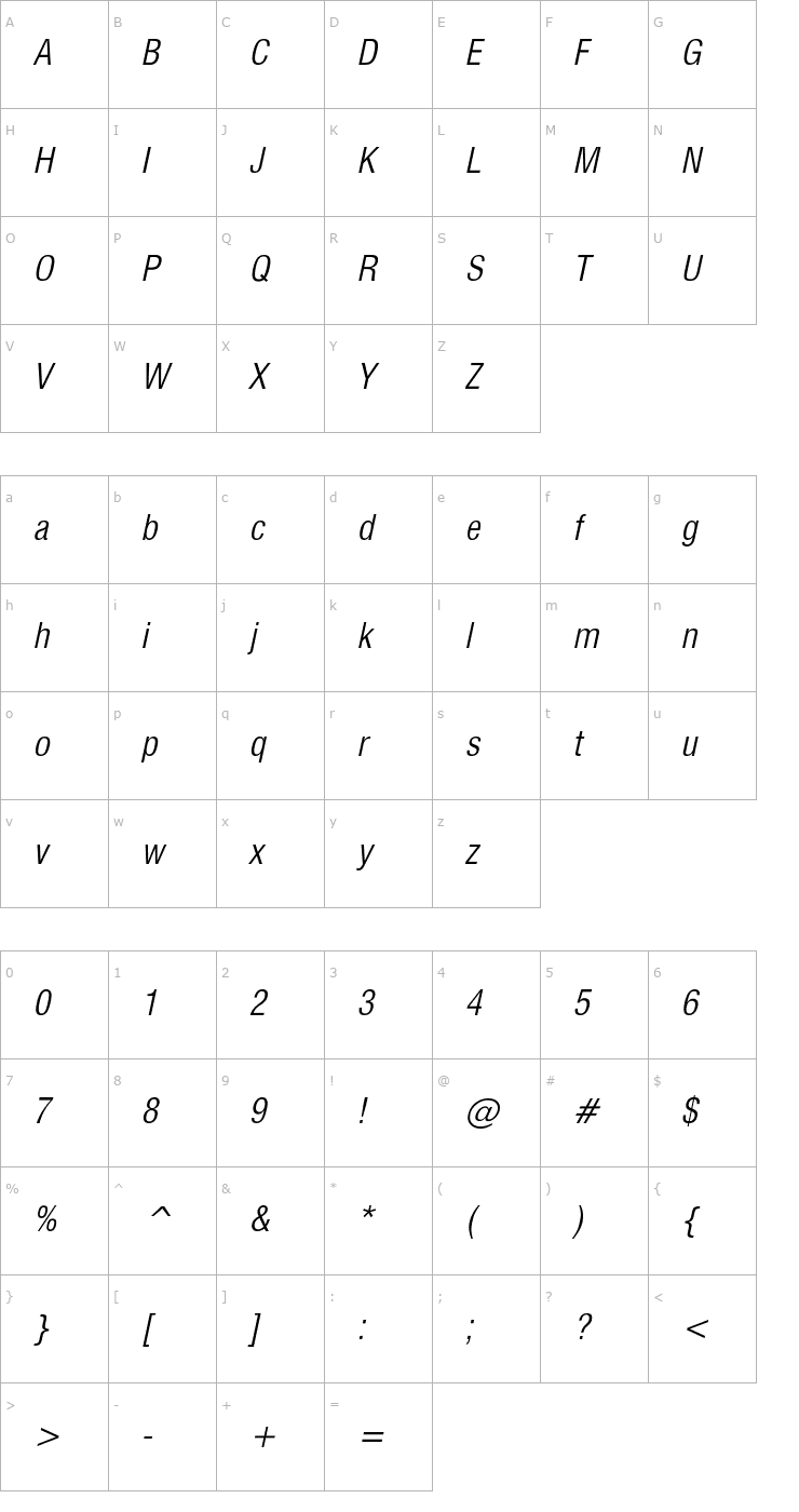 Character Map CorporateCondensed LightOblique Font