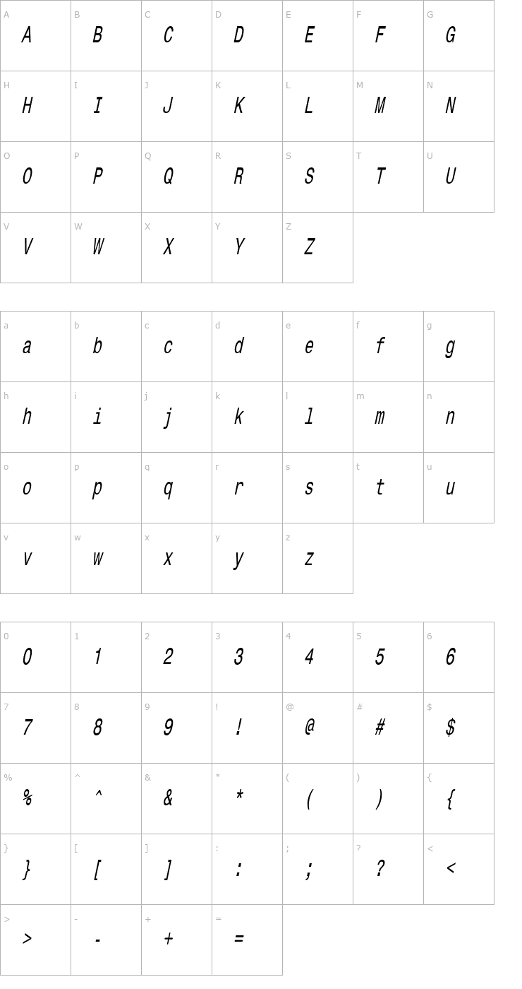 Character Map CorporateMonoCondensed Oblique Font