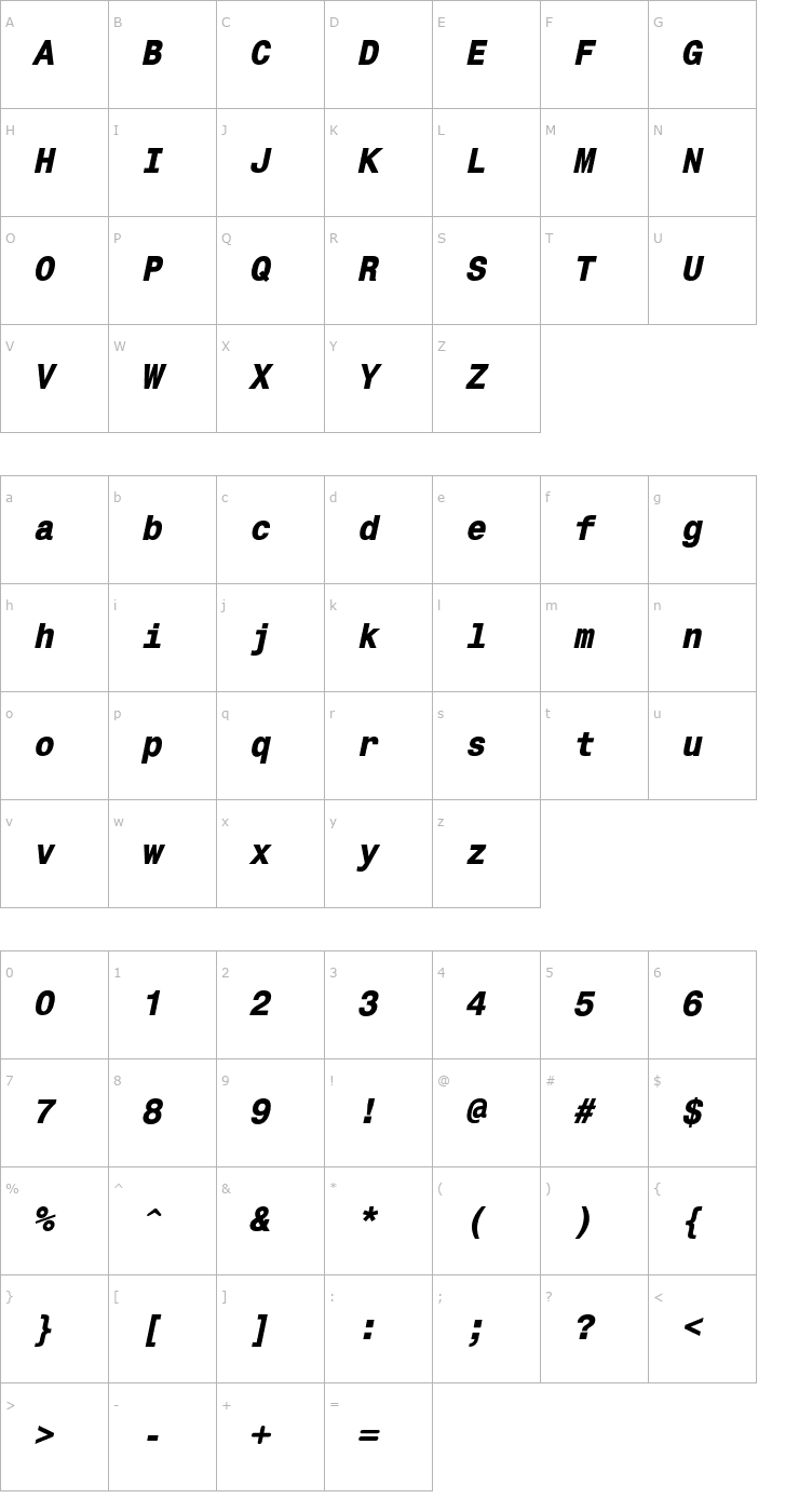 Character Map CorporateMonoExtraBoldOblique Font