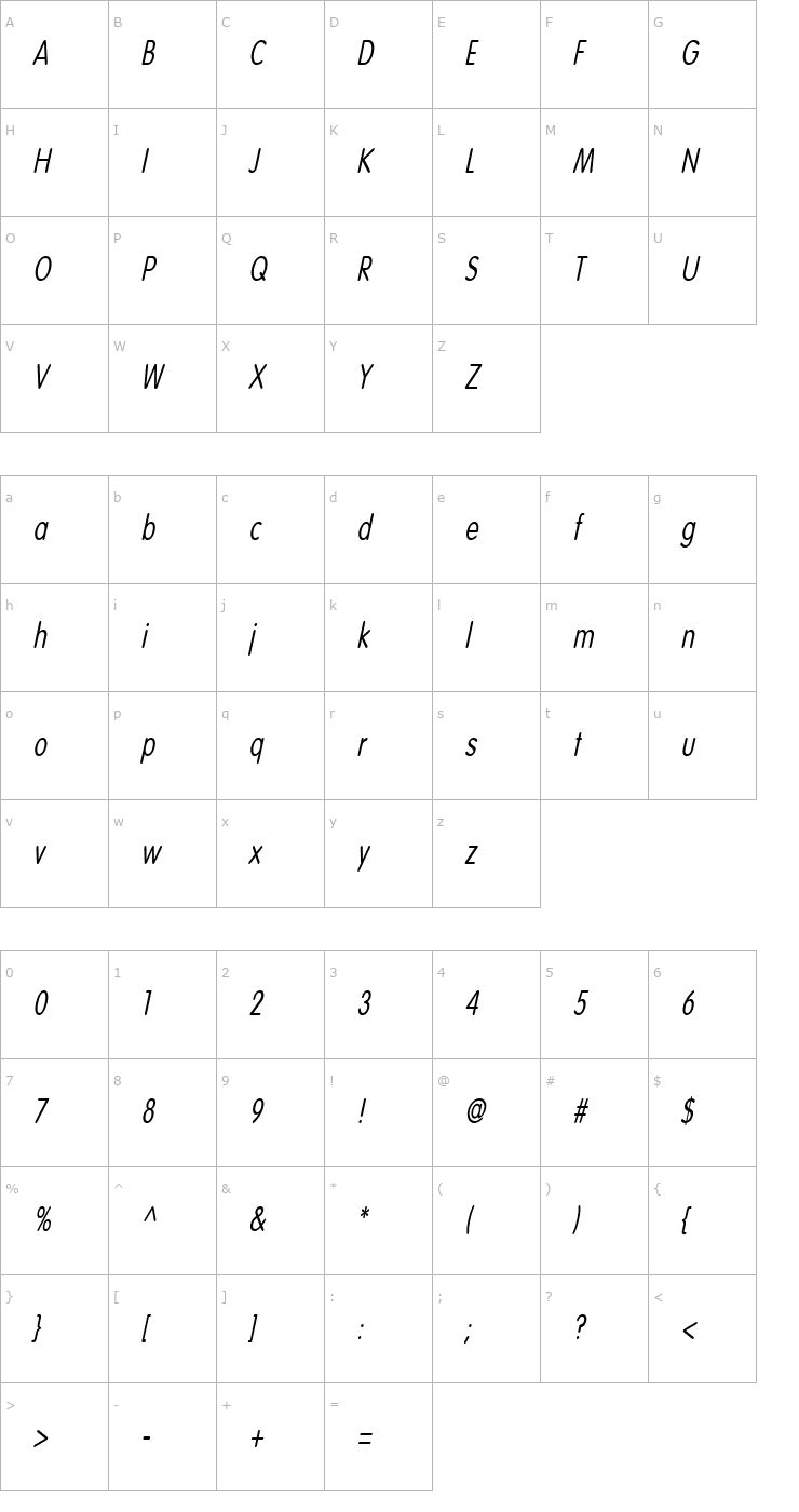 Character Map CorporateRoundedCondensed Oblique Font