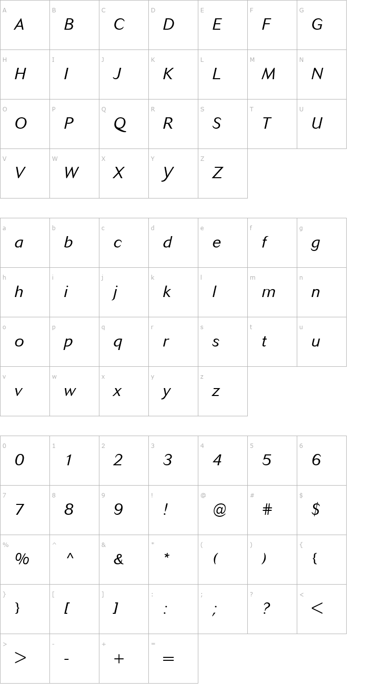 Character Map Cosmos-Light Italic Font