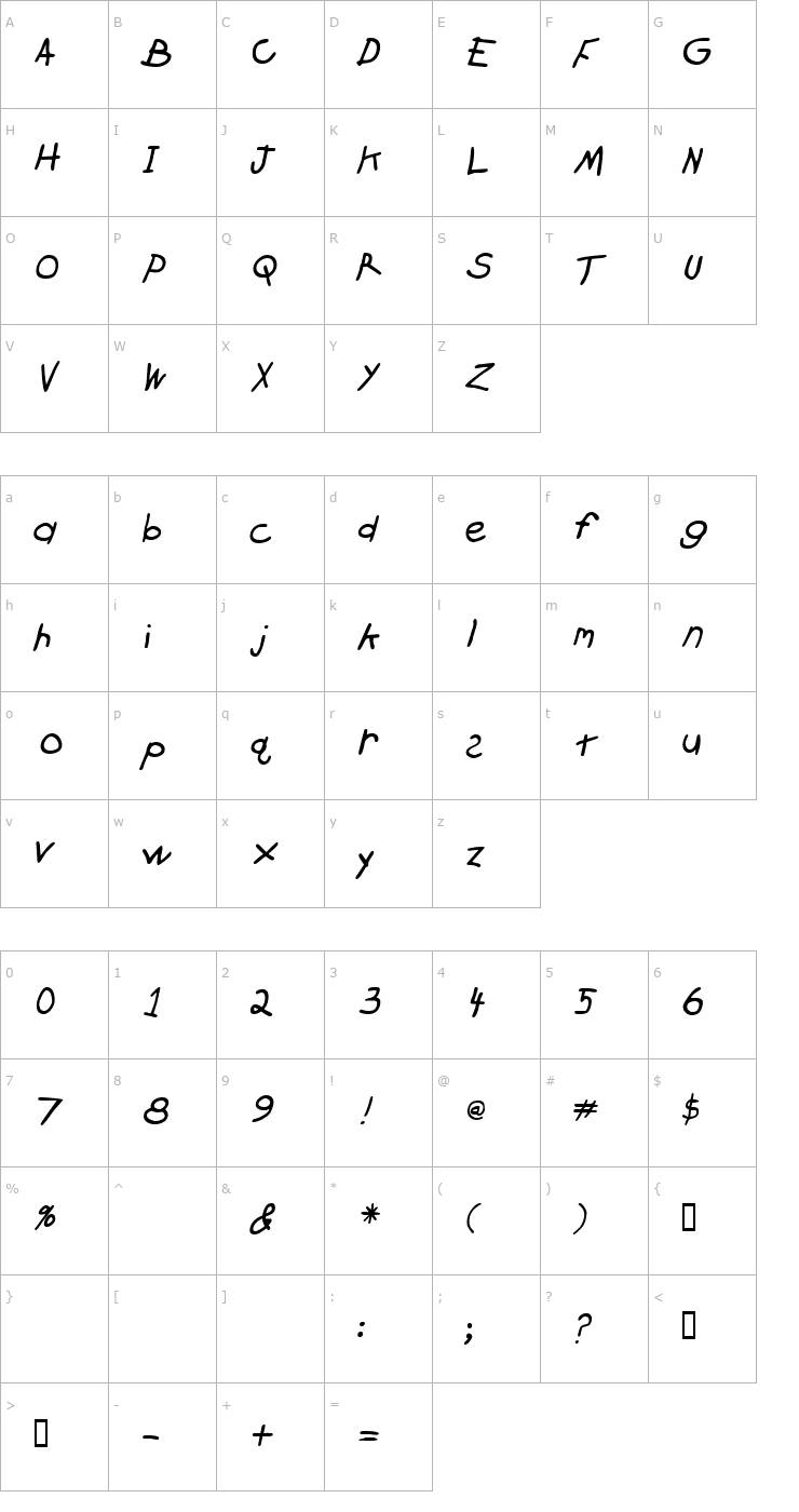 Character Map Crayon Slanted Font