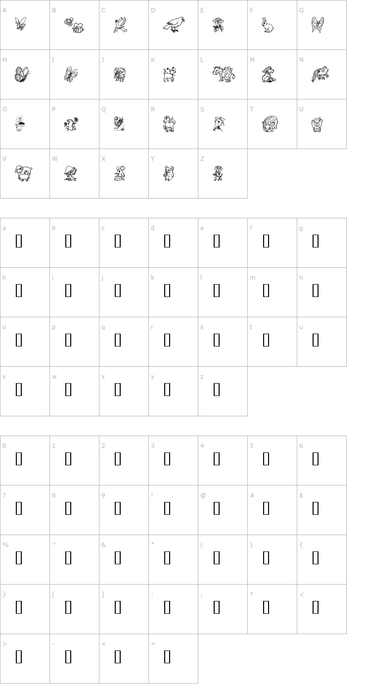 Character Map Critters 1 DC Font