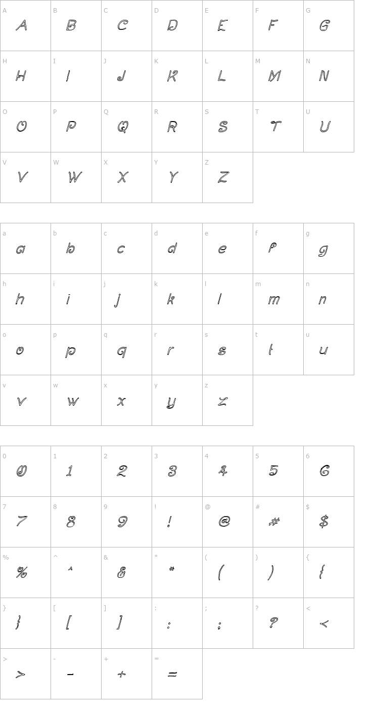 Character Map Curlmudgeon Hollow Italic Font