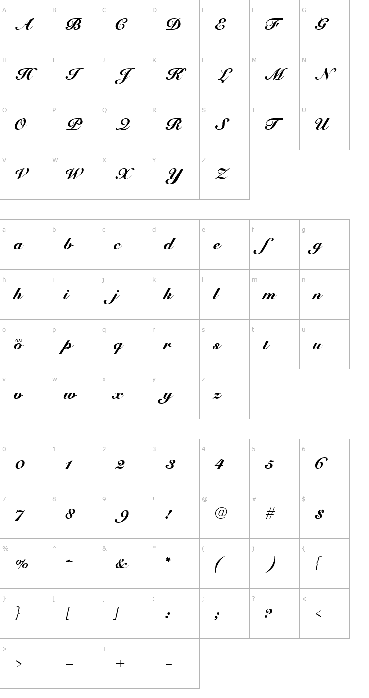 Character Map Cursive Elegant Font