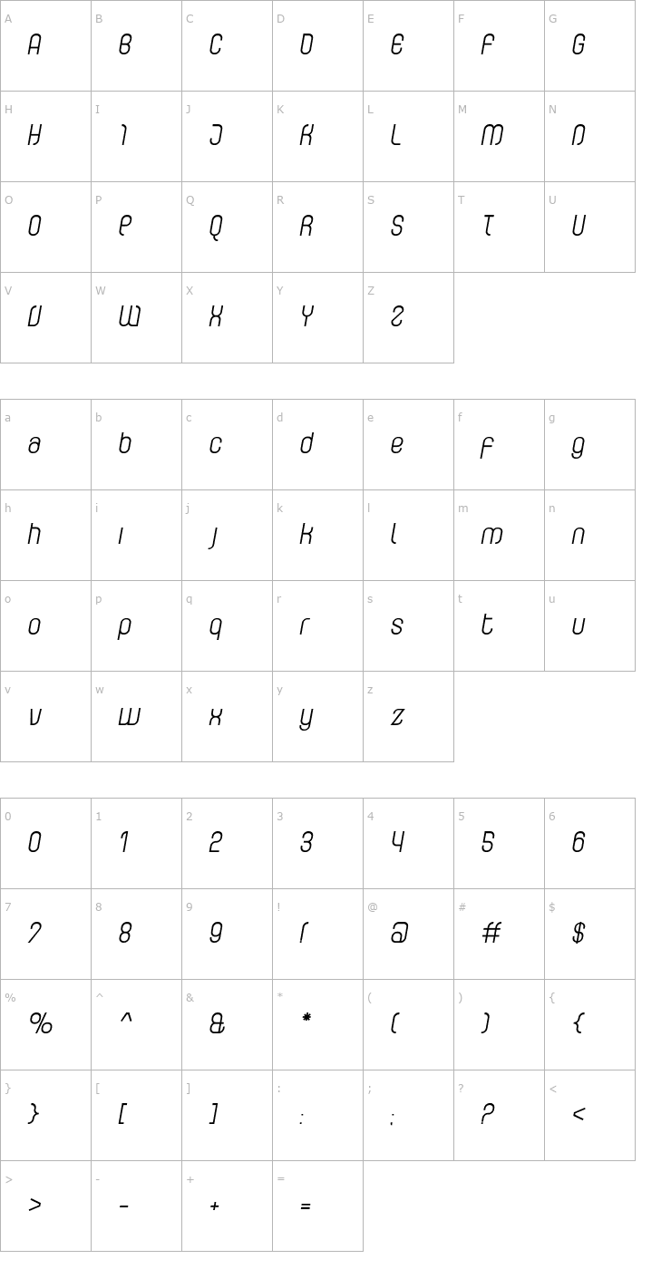 Character Map CurvatureRegular Italic Font